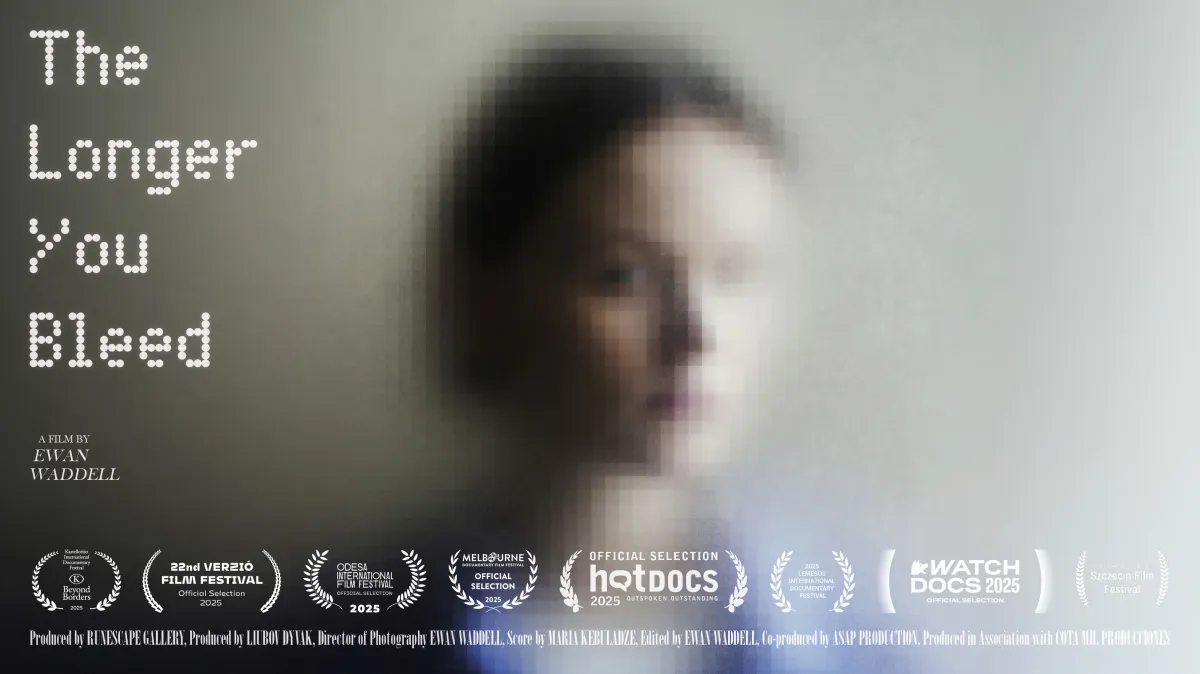 A photo portrait of the film's protagonist - a young Ukrainian woman with short, chin length hair - but the image is heavily pixelated/distorted.