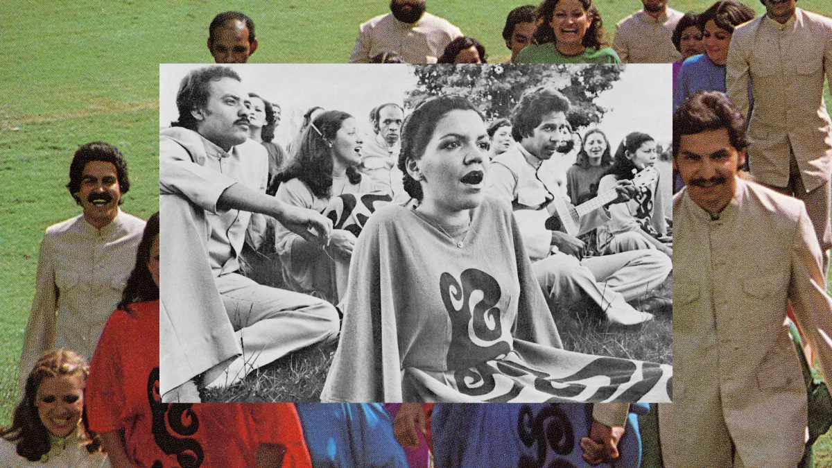 a black and white photo of young people laying on the grass is superimposed over a color photo of the same folks smiling and standing up