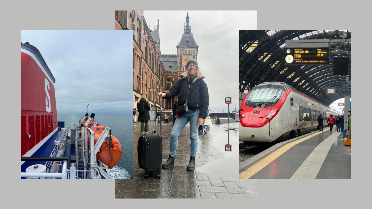 Collage of photos against a grey background that include a view from a boat on a cloudy day, a shot of a white woman dressed for winter posing with a roller travel bag and a shot of a train inside in a train station.