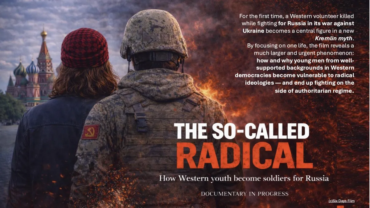 Two figures seen from behind stand side by side, facing St. Basil’s Cathedral in Moscow's Kremlin and a burning battlefield. The image is split between a peaceful cityscape on the left and flames and smoke on the right. 