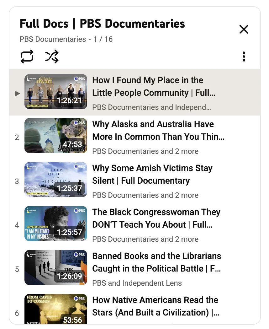 Screenshot of PBS Documentaries playlist.