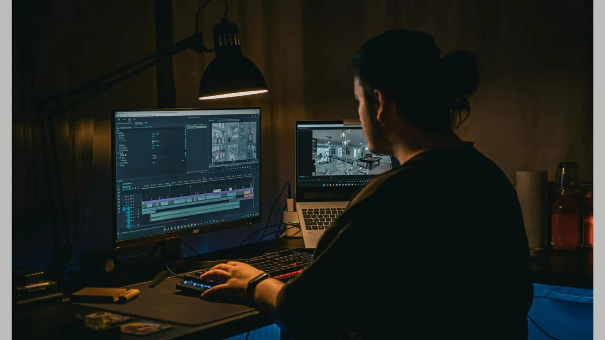 Man sits at his work computer setup where he's seen using video editing software