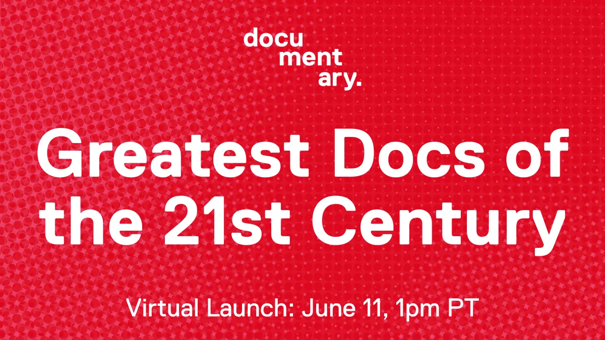 Event flyer for upcoming IDA virtual event. Greatest Docs of the 21st century 
