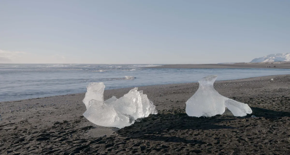 Two pieces of ice are seen melting on a sandy beach