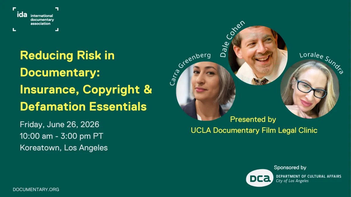 green background with yellow text with three headshots of the UCLA Doc Legal team