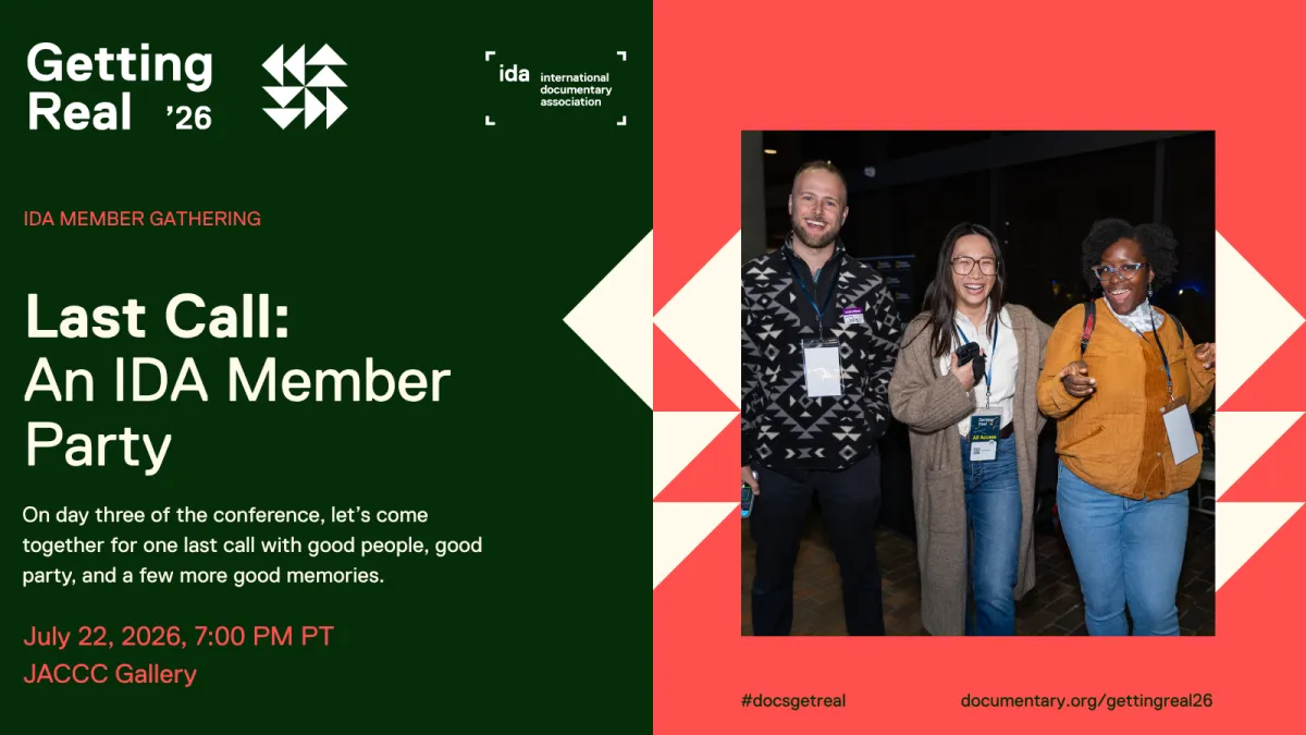 Last Call: An IDA Member Party. Green and red flyer with white and red text. image: Getting Real '24 attendees