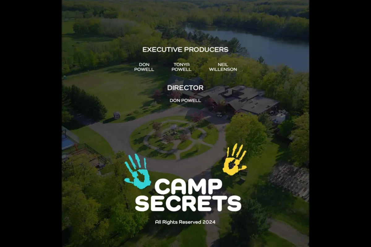 A DRONE IMAGE OF CAMP HEARTLAND  WITH CAPTION TITLES