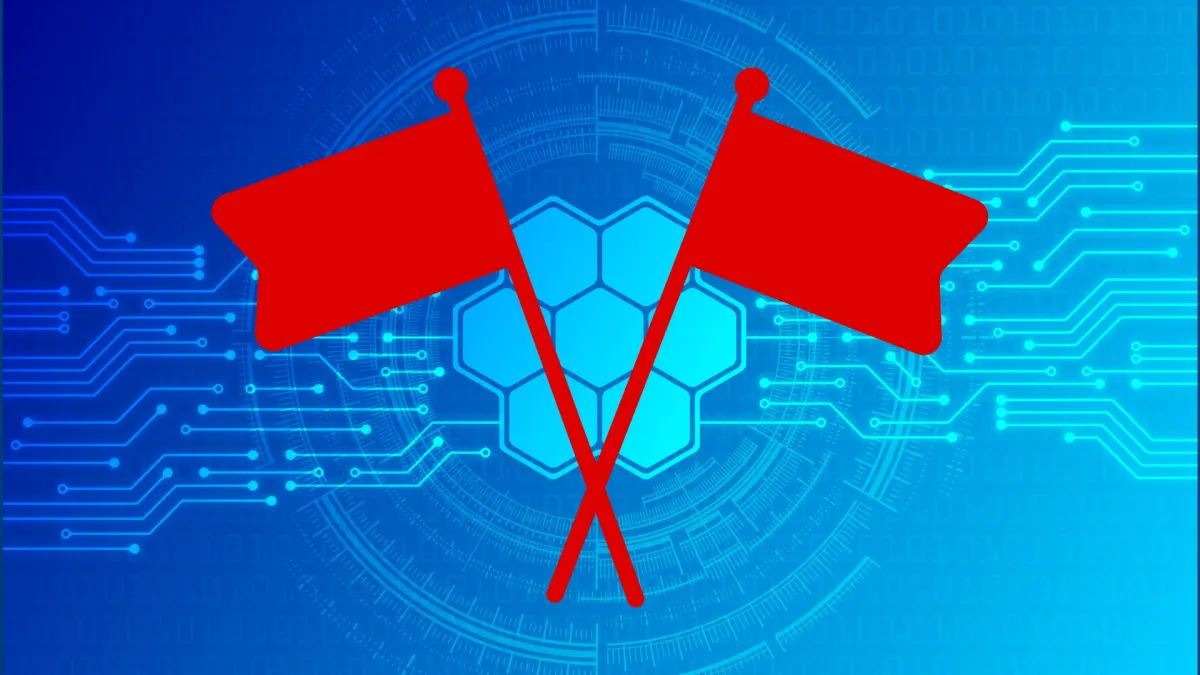 Two red flags against a blue backdrop with electronic-esque graphics