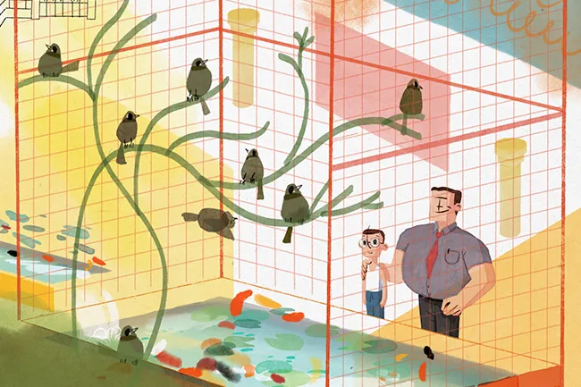 a drawing of a large cage of birds, while the father and son looks onward.