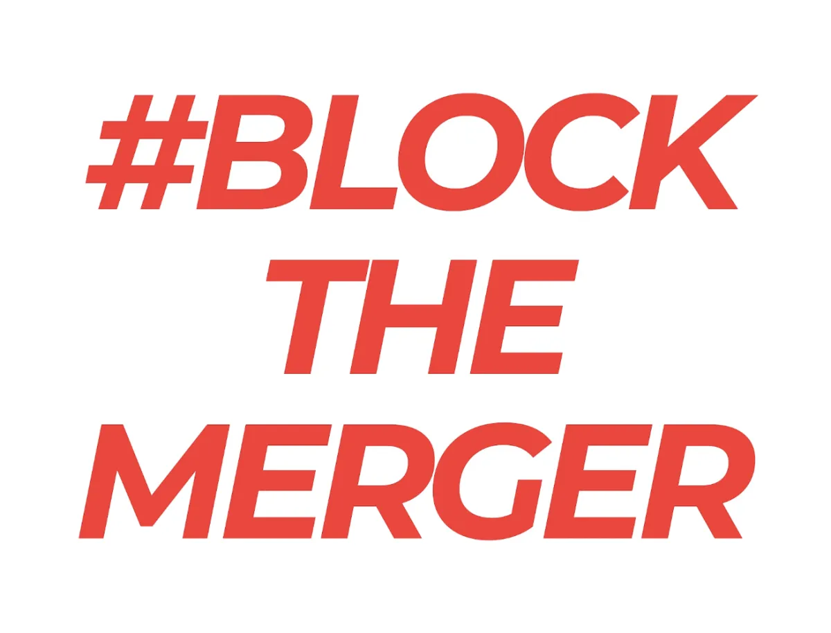 Red block text: #Block the Merger