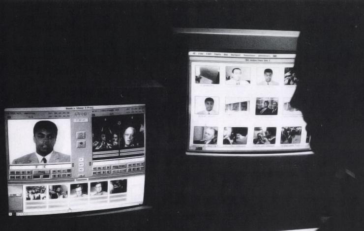Two computer screens with different footage, from cutting 'Muhammad Ali' on the Avid system.