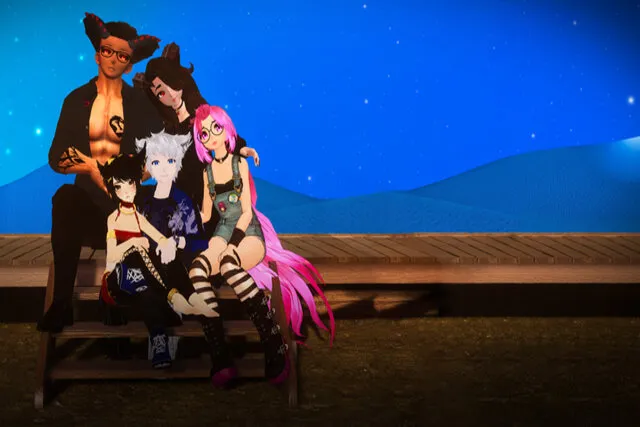 Virtual reality avatars DragonHeart, IsYourBoi, DustBunny, Toaster and Jenny sit together on a long wooden bench. From Joe Hunting’s ‘We Met in Virtual Reality.’ Courtesy of HBO.