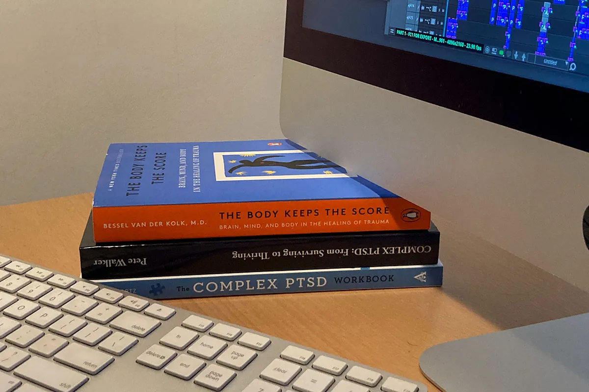 An image of Miranda Yousef’s editing suite: mental health resources creating a much-needed work-wellness balance for the editor. Image courtesy of the author.