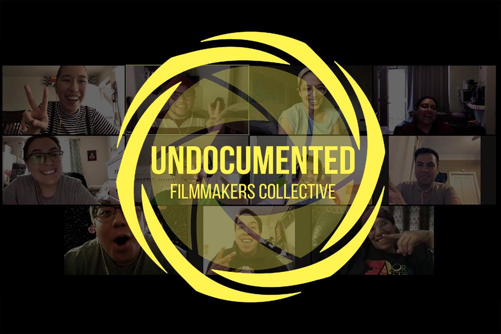 Logo of Undocumented Filmmakers Collective overlaid Zoom meeting screenshot