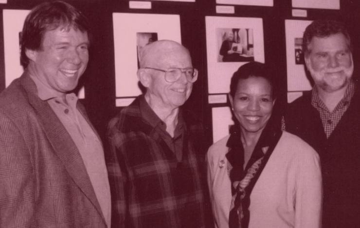 George Stoney (second from left) with Jim Brown (far left), Dean May Schmidt Campbell and David Irving