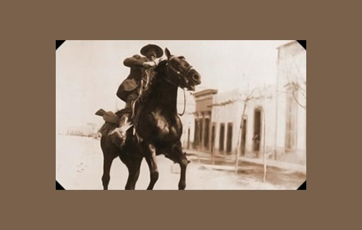 A sepia-style photo of a man riding horseback from 'The Hunt for Pancho Villa', directed by Hector Galan, a long-time Austin resident.