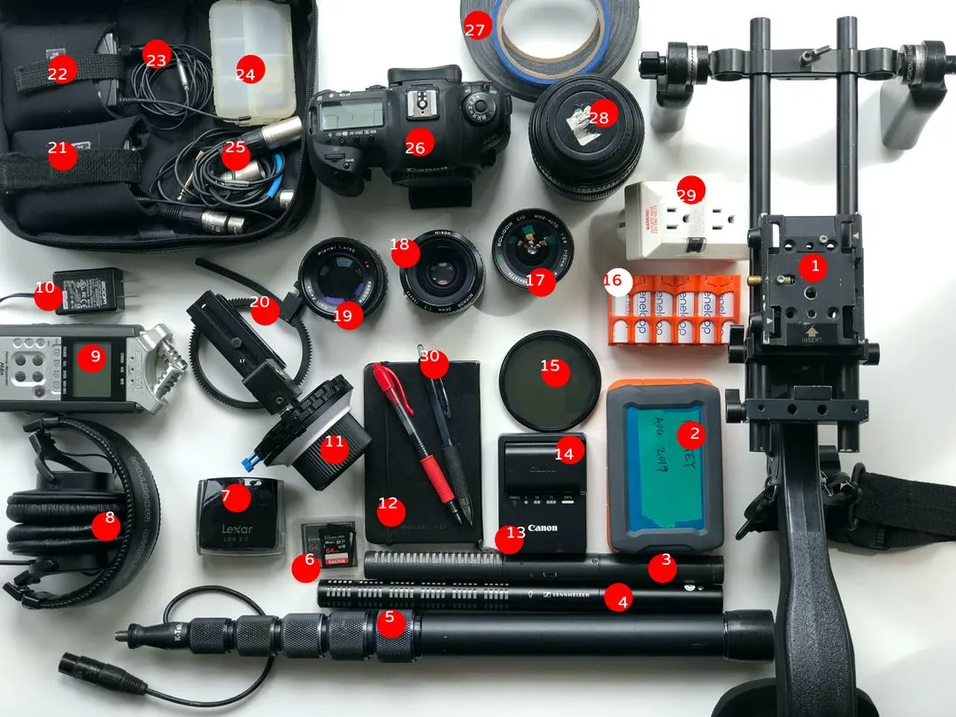 An array of items that Jessica Beshir takes along in her Kata Pro-Light camera bag when she's in production.