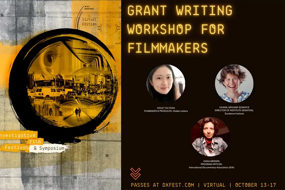 A colorful graphic with "grant writing workshop for filmmakers" on it and several faces of the panelists.