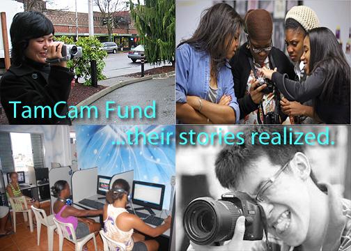 A poster for TamCam Fund with four different pictures of young people of color making documentary films 