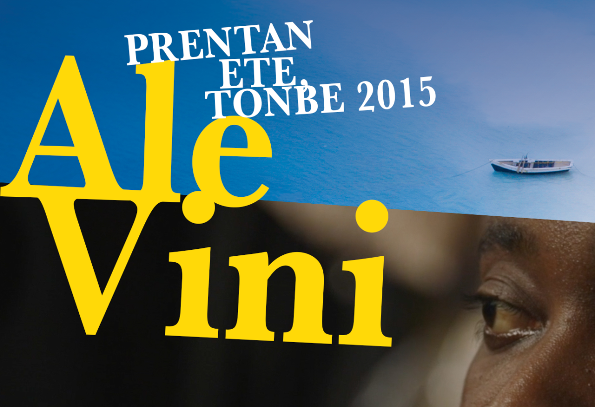 Film Poster for Ale Vini. A diagonal line cuts the poster, above there is a small boat on the blue ocean, below there is a close up of a dark-skinned individual staring at something in the distance.