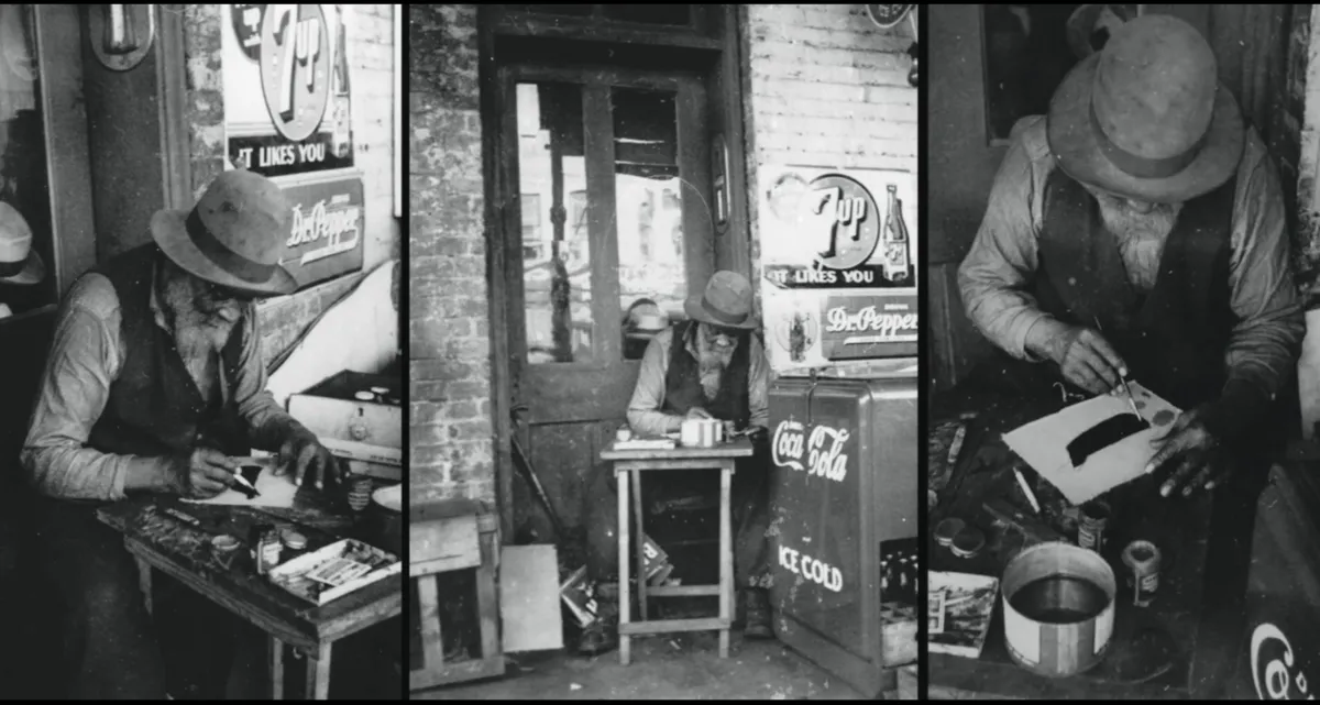 Collage of black and white photos of Bill Traylor leaning over his artwork in various stages.