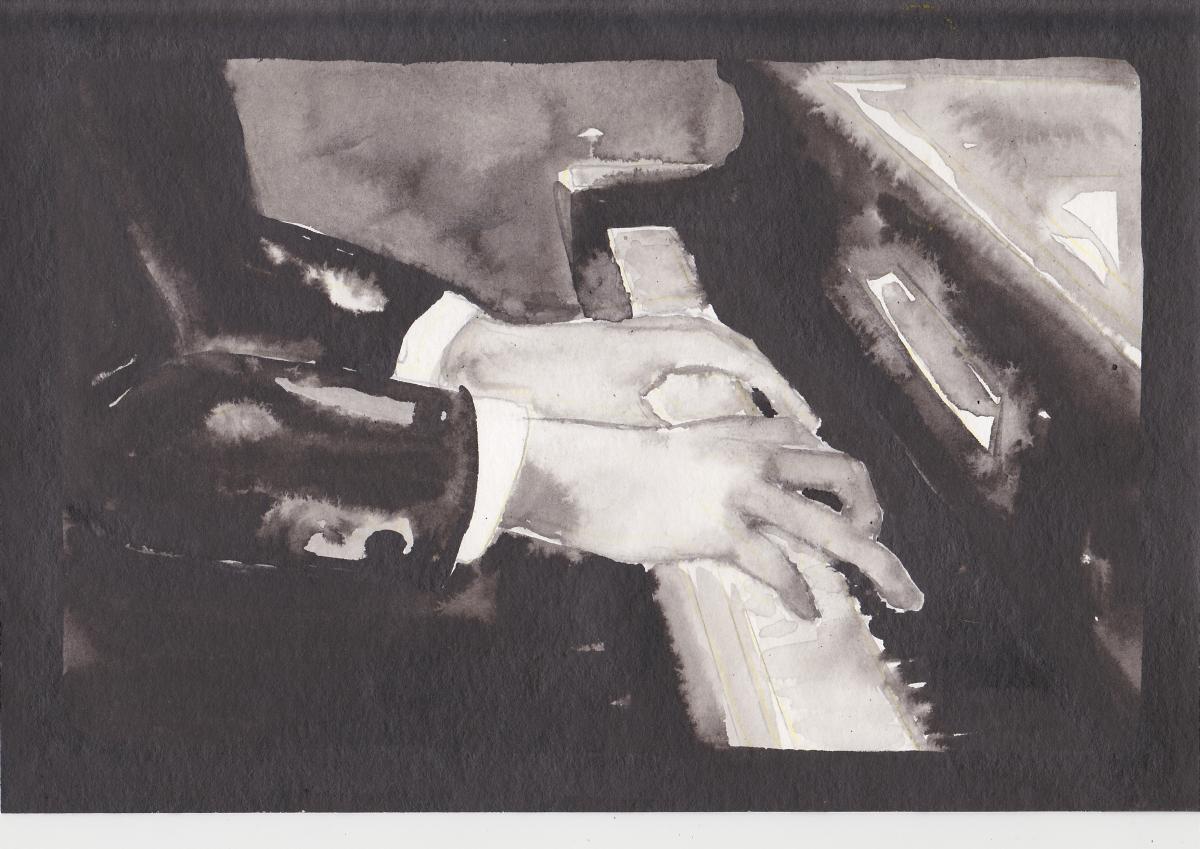 black and white painting of hands playing the piano