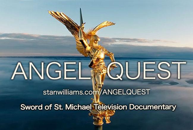 A golden statue of St. Michael the Archangel adorning the top of Mont Saint Michel in France with the overlaid text: ANGEL QUEST. stanwilliams.com/ANGELQUEST. Sword of St. Michael Television Documentary