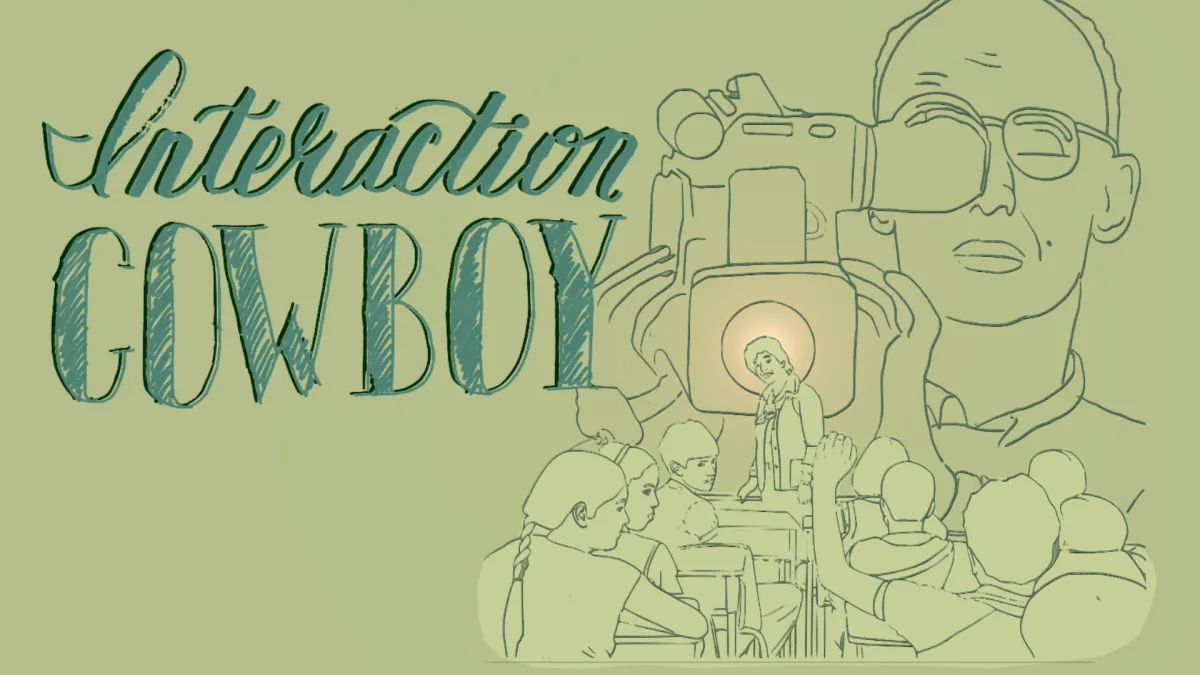 Man with a camcorder is superimposed behind a teacher in front of his grade school pupils