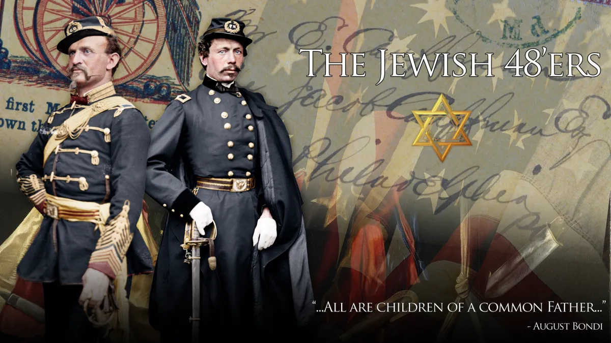 Two civil war officers stand before a patriotic painted background