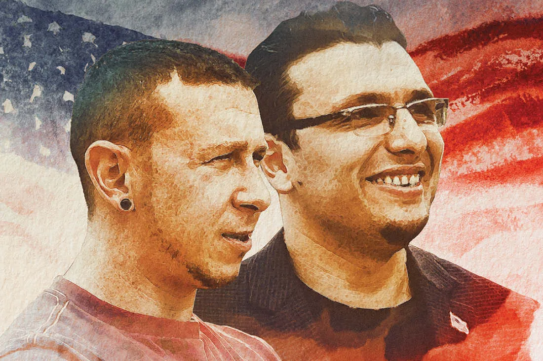 A painting of two men in front of an American flag