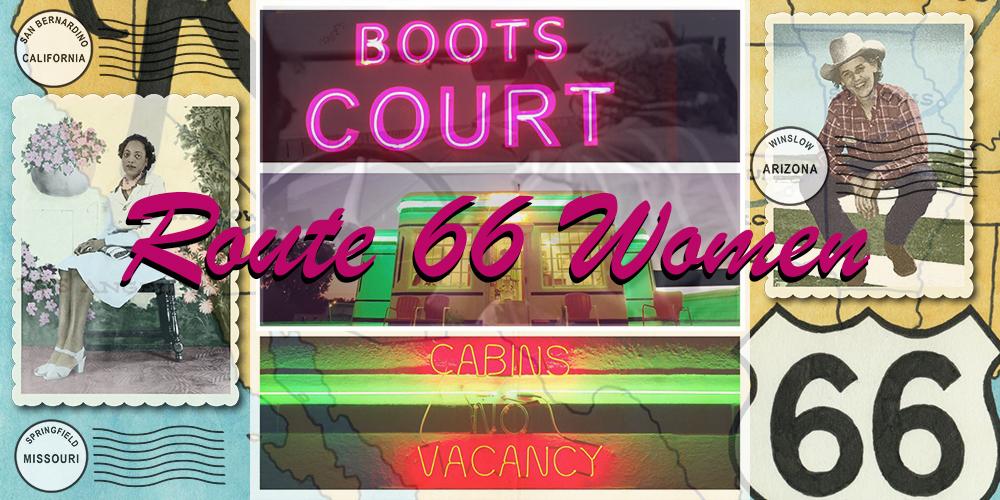 A collage of images from Route 66, including neon signs, diner storefronts and highway signs. 