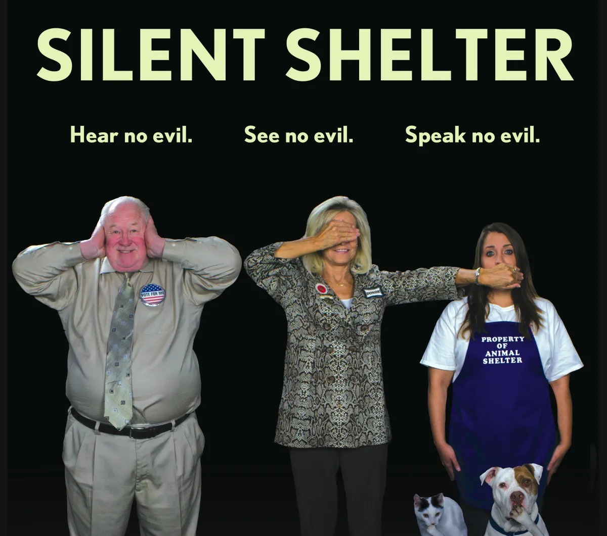 A late middle-aged White man covers his ears, A middle-age White Woman covers her eyes and uses her free hand to cover the mouth of a young girl standing beside her.