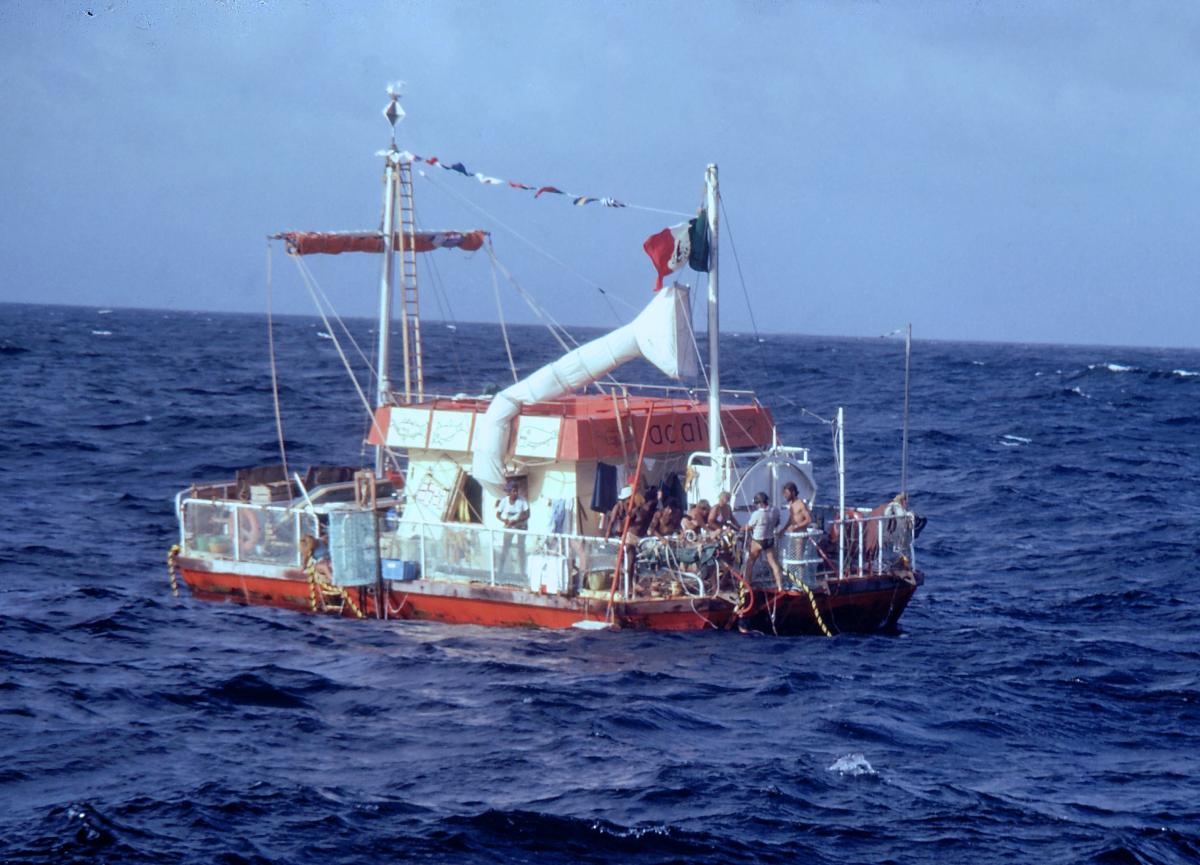 The Alcali Vessel at sea with the crew on deck.