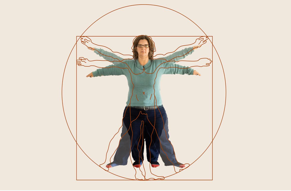 A take on the Vitruvian Man with a woman with dwarfism in the center