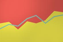 Minimalist graphic of an aqua line graph above yellow stacked graph against salmon pink background.