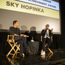 Photograph of Sky Hopinka (left) and Jon Sesrie-Goff (right) in conversation, at HSDFF. Image credit: Aaron Brewer. Courtesy of HSDFF