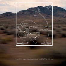 A transparent map of southern Nevada overlays an image of a desert ridge, partly covered in vegetation, partly barren. The foreground of the image is filled with motion blurred bushes, as captured from a moving vehicle. The map shows the outline of the Nevada Test Site, nested within the boundaries of the Nellis Airforce Base, northwest of Las Vegas. Three concentric circles delineate 100 mile intervals emanating from the Test Site. Map caption “community monitoring stations around the Nevada Test Site.”