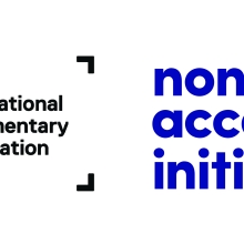 Black IDA International Documentary Association logo on the left of blue bold letters of nonfiction access initiative logo