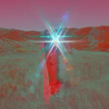 A film still with holographic colors shows a figure in a field.