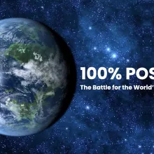 Image of Earth in front of the night sky, with "100% Possible" written next to it in white text
