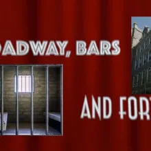 A collage to the backdrop of red theater curtains. On the red, the image of bars and a prison cell, on the right, a large brick building.