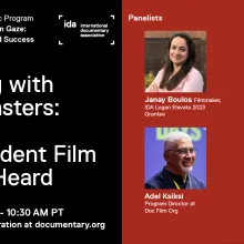 Slide Card: Logan Elevate grantee Janay Bolous in conversation with current and ex-TV commissioners: Producer Natalie Humphreys, Head of Al Jazeera Industry Days Adel Ksiksi, and Head of Docs Up Fund Alex Szalat to discuss these questions.