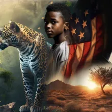 An adult and Yves and a younger version of Yves stand in front of an American flag and safari landscape.