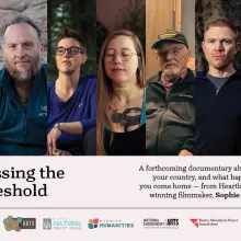 Seven portraits of U.S. Veterans. Below the portraits, the title Crossing the Threshold appears. Along the bottom, logos of supporting organizations are displayed.