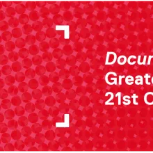 Red banner with white text that reads "Vote now: Documentary's Greatest Docs of the 21st century poll"
