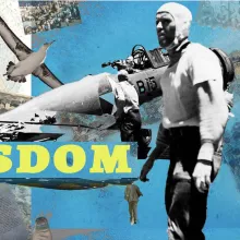 The image features Wisdom, the famed Albatross, considered the oldest seabird of her kind in the world. Also featured are visuals depicting various historical events that occurred on and around Midway Atoll and visuals from the groundbreaking bird banding study.