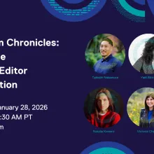 Dark blue background with multicolor circles. Headshots of (L to R, Top to Bottom) Tadashi Nakamura, Yaël Bitton, Natalia Koniarz, Victoria Chalk. Edit Room Chronicles: Behind the Director/Editor Collaboration. January 28, 2026, 10 am PT