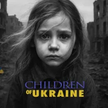 Poster of the humanitarian documentary Children of Ukraine, a girl with a sad face surrounded by the ruins of war. 