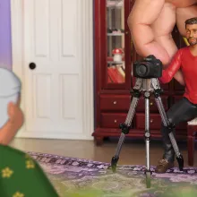 A figurine of a brown man with brown hair and beard in a red shirt and black pants is being placed by a hand in front of a camera on a tripod facing a 2D animated old woman with white hair seen from the back