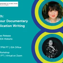 Turquoise graphic with multi color half circles. White text. Core Stregnth: Developing Your Documentary Through Application Writing. Headshots of Jin Yoo-Kim and Maria Santos.